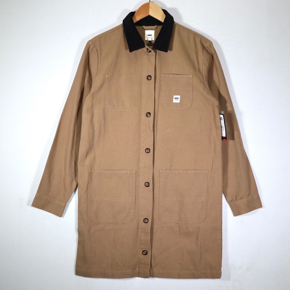 Vans Drill Long Chore Coat Womens Small NWT Brown Canvas Corduroy Collar Casual